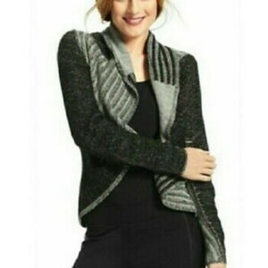 CAbi Open Cardigan Sweater Women’s Medium Black Gray Patchwork Wool Long Sleeves
